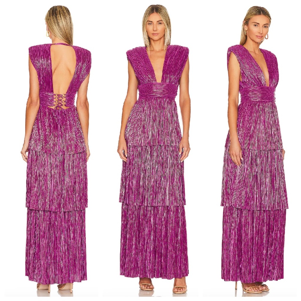 Sabina Musayev Judith Pink Purple Tiered Gown Maxi Dress - Size LARGE